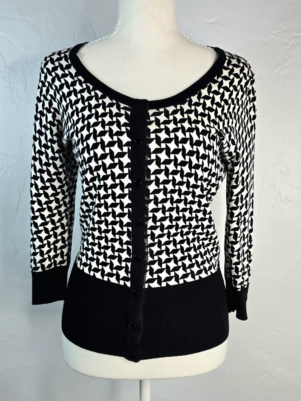 White House Black Market Geometric Knit Cardigan Button Up Sweater Black White S